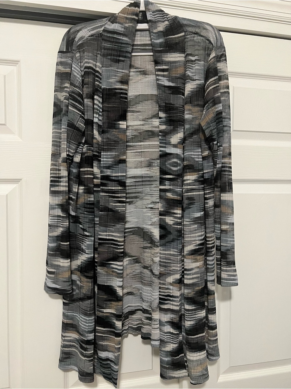 Susan Graver Gray Multi Open-Front Longline Cardigan, Size 1x